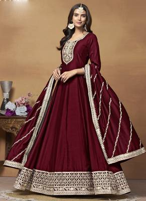Maroon art silk embroidered anarkali suit 2