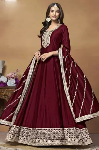 Maroon art silk embroidered anarkali suit