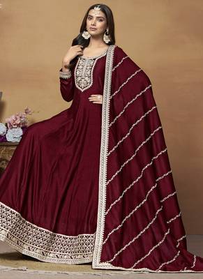 Maroon art silk embroidered anarkali suit 3