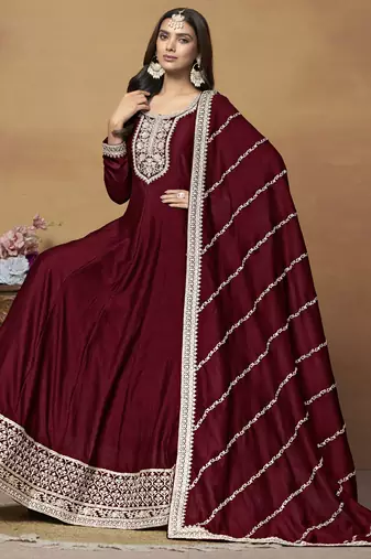 Maroon art silk embroidered anarkali suit