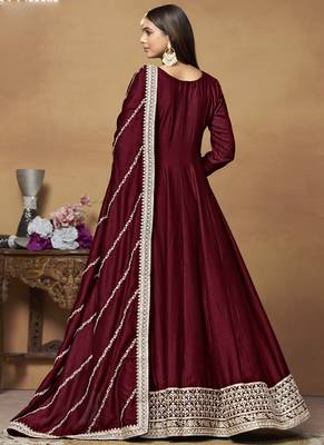 Maroon art silk embroidered anarkali suit 4