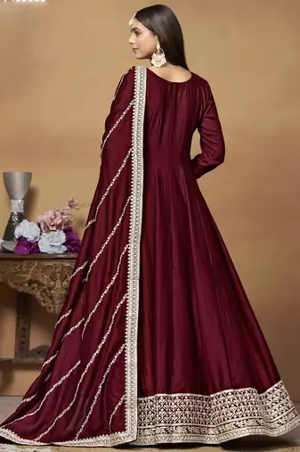 Maroon art silk embroidered anarkali suit