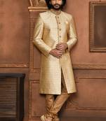 Wedding wear beige color art silk sherwani