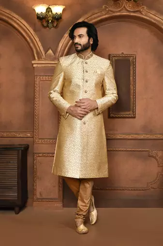 Wedding wear beige color art silk sherwani