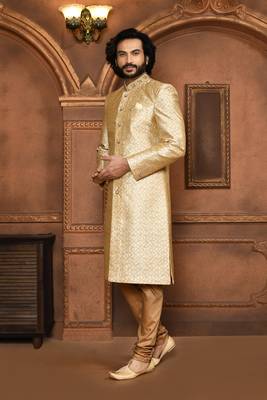 Wedding wear beige color art silk sherwani 3