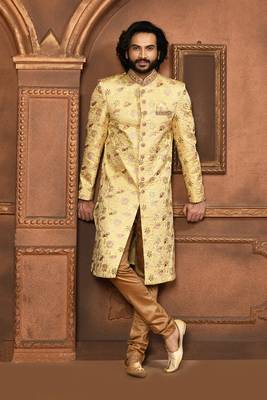 Wedding wear beige color art silk sherwani 1