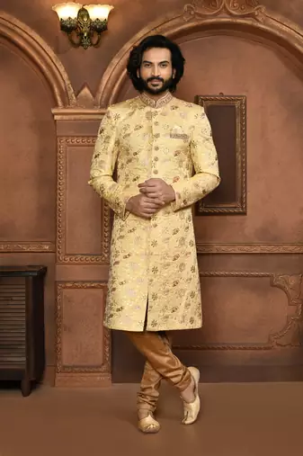 Wedding wear beige color art silk sherwani