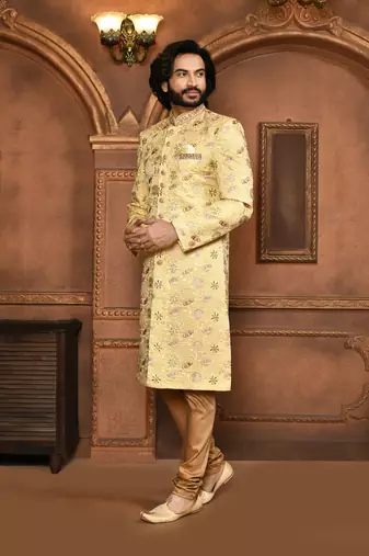 Wedding wear beige color art silk sherwani