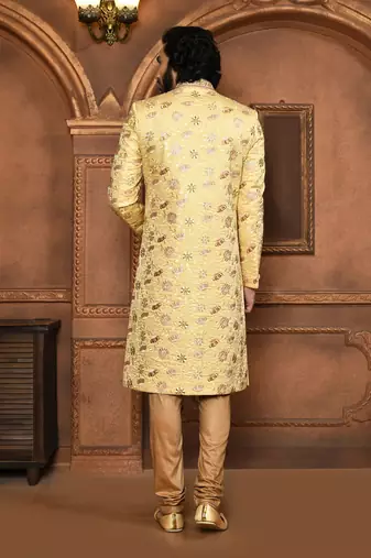 Wedding wear beige color art silk sherwani