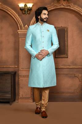 Wedding wear firoza color art silk sherwani 1