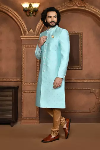 Wedding wear firoza color art silk sherwani