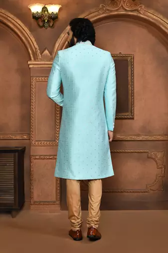 Wedding wear firoza color art silk sherwani