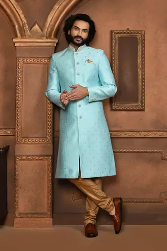 Wedding wear firoza color art silk sherwani