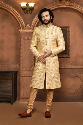 Wedding wear beige color art silk sherwani 1
