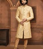 Wedding wear beige color art silk sherwani