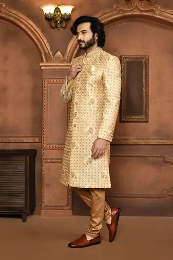 Wedding wear beige color art silk sherwani