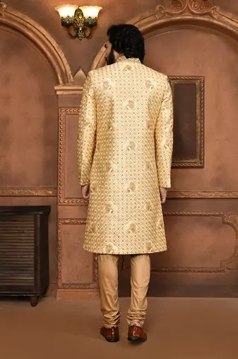 Wedding wear beige color art silk sherwani