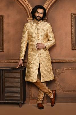Wedding wear beige color art silk sherwani 4