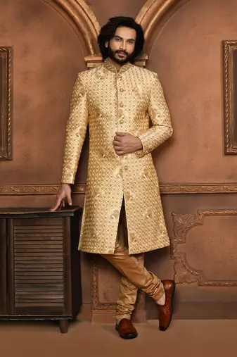 Wedding wear beige color art silk sherwani