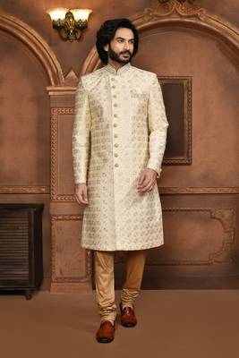 Wedding wear beige color art silk sherwani 1