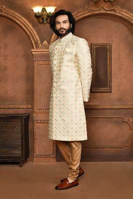 Wedding wear beige color art silk sherwani 2