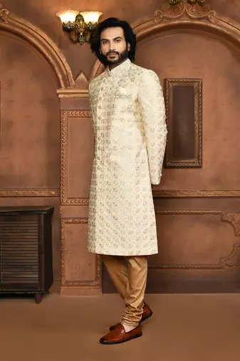 Wedding wear beige color art silk sherwani