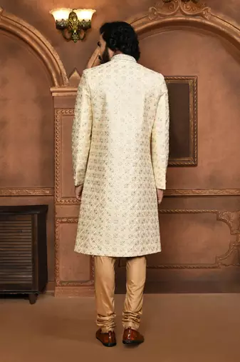 Wedding wear beige color art silk sherwani