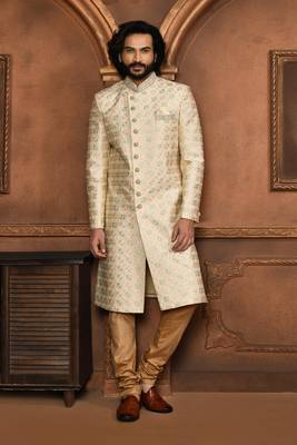 Wedding wear beige color art silk sherwani 4