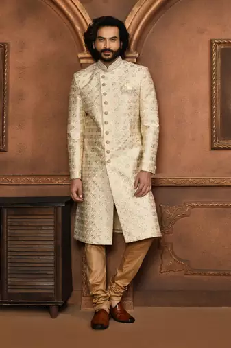 Wedding wear beige color art silk sherwani