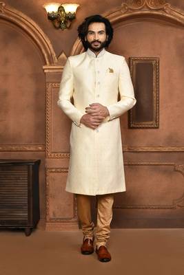 Wedding wear cream color art silk sherwani 1