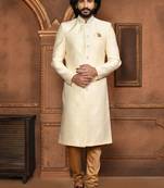 Wedding wear cream color art silk sherwani