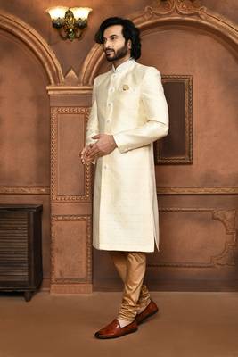 Wedding wear cream color art silk sherwani 2
