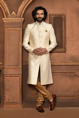 Wedding wear cream color art silk sherwani 4