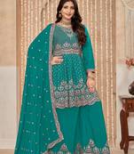 Chinon embroidered turquoise salwar kameez