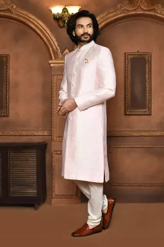 Wedding wear pink color art silk sherwani