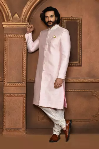 Wedding wear pink color art silk sherwani