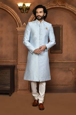 Wedding wear silver color art silk sherwani 1