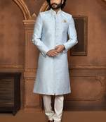 Wedding wear silver color art silk sherwani