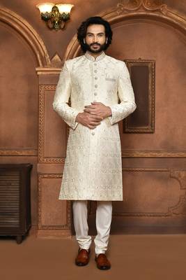 Wedding wear off white color art silk sherwani 2