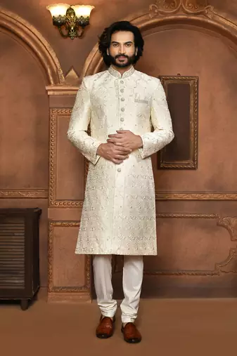 Wedding wear off white color art silk sherwani