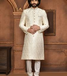 Wedding wear off white color art silk sherwani