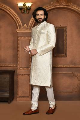 Wedding wear off white color art silk sherwani 3