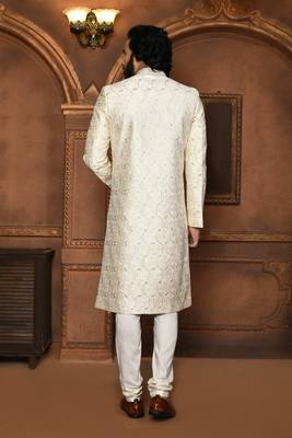 Wedding wear off white color art silk sherwani 4