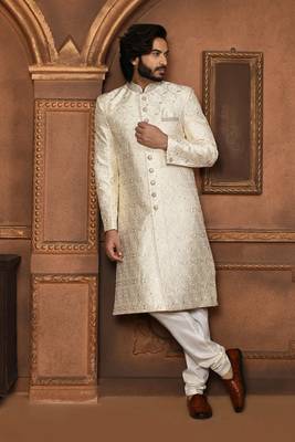 Wedding wear off white color art silk sherwani 1