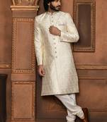 Wedding wear off white color art silk sherwani