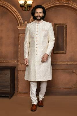 Wedding wear off white color art silk sherwani 1
