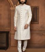 Wedding wear off white color art silk sherwani