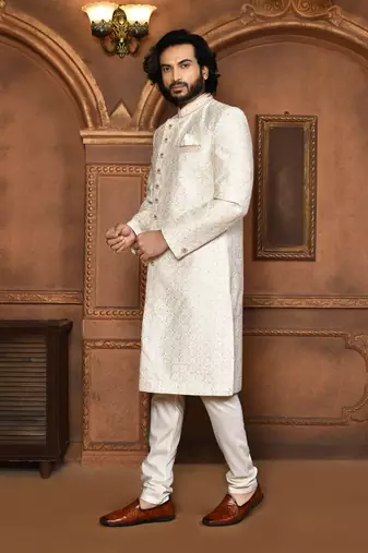 Wedding wear off white color art silk sherwani