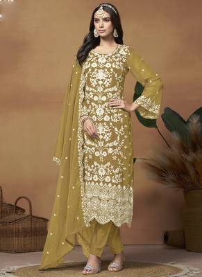 Mustard soft organza embroidered salwar suit 1