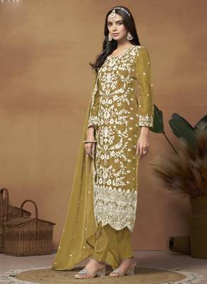 Mustard soft organza embroidered salwar suit 3